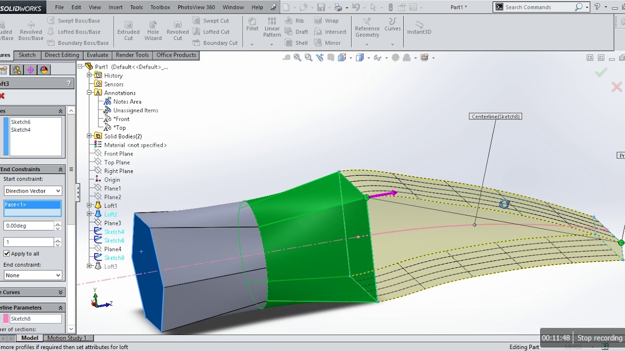 Loft Center line guide how to use: solidworks tutorial lesson 22A - YouTube