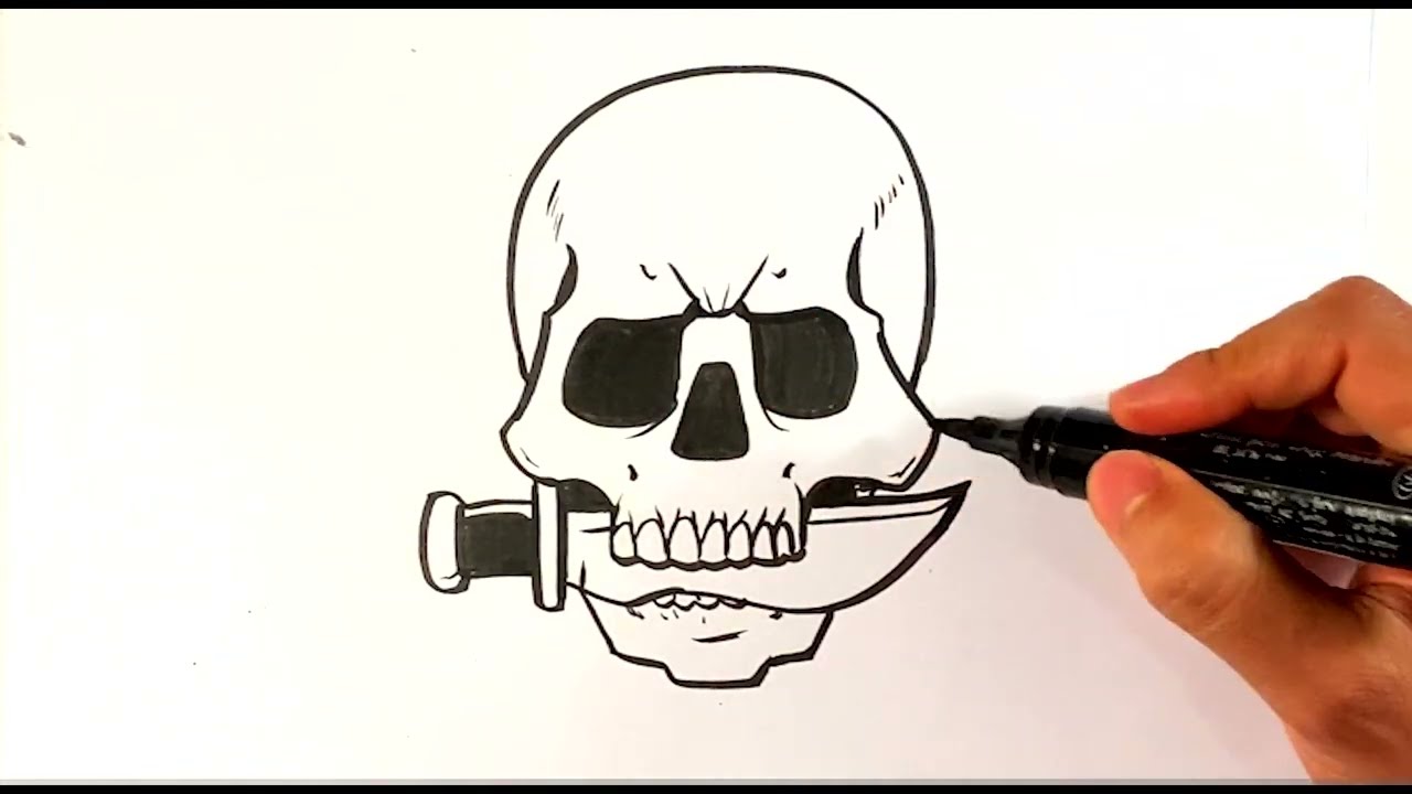 How to Draw COOL Skull with Knife - Draw Tattoo Art - YouTube