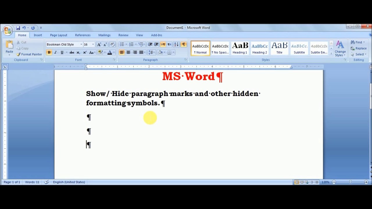 MS Word Formatting Symbols Meanings