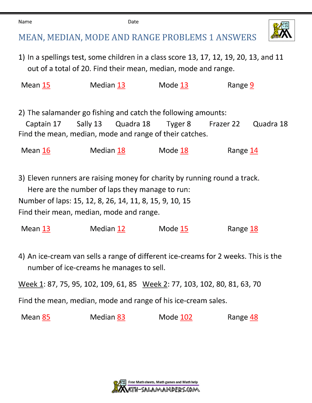 mean median mode and range interactive worksheet - calculating the mean ...