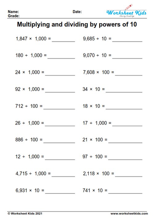 multiplying and dividing by powers of 10 worksheets for 5th grade pdf