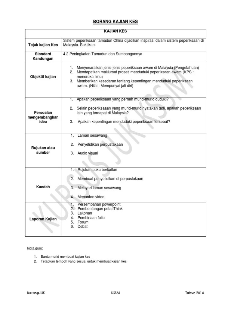 Kerja kursus sejarah tingkatan 4. Contoh Kajian Kes Kssm Sejarah T1 Pdf