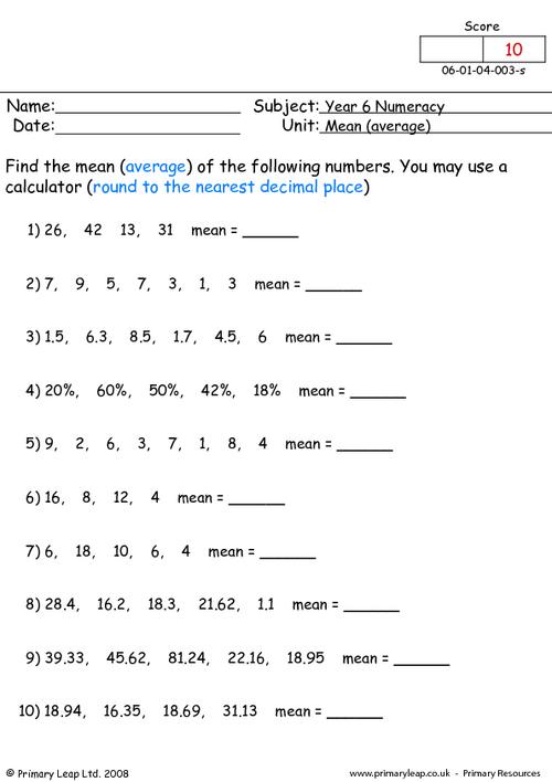 year 6 numeracy printable resources free worksheets for kids - 7 times ...