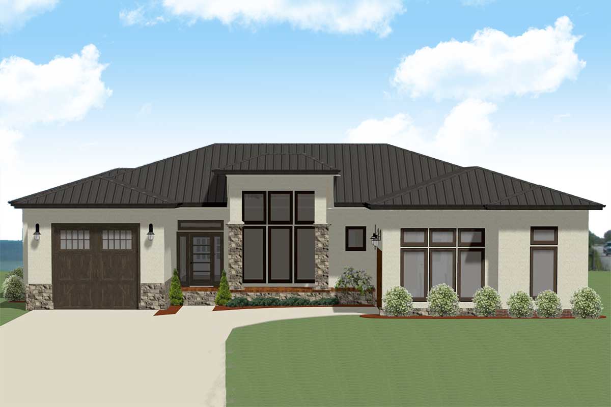 OneStory Contemporary PrairieStyle House Plan for a RearSloping Lot