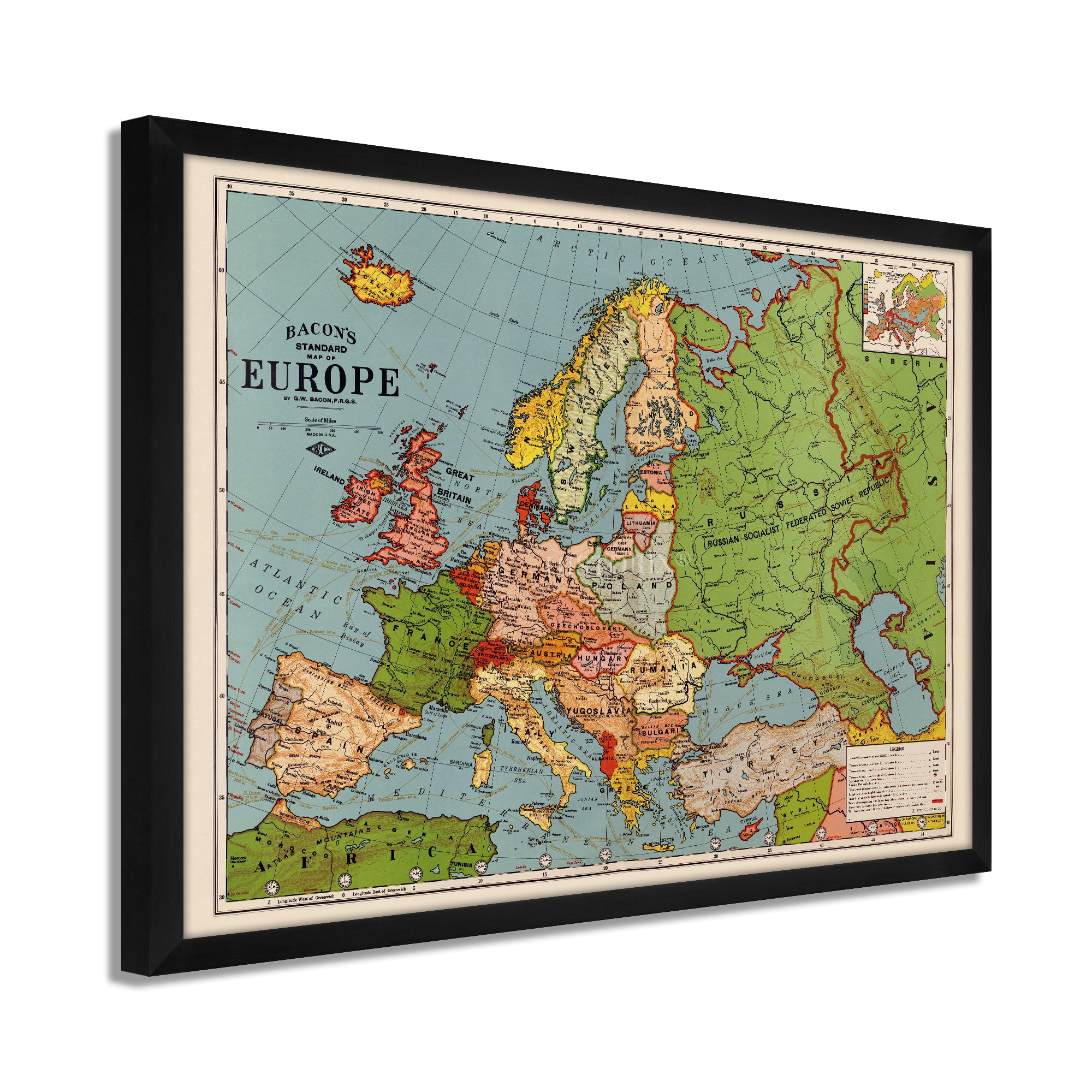 1925 Europe Map - Framed Vintage Map of Europe - Old Map of Europe ...