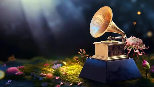 Photo of GRAMMY Award trophy with colorful flowers