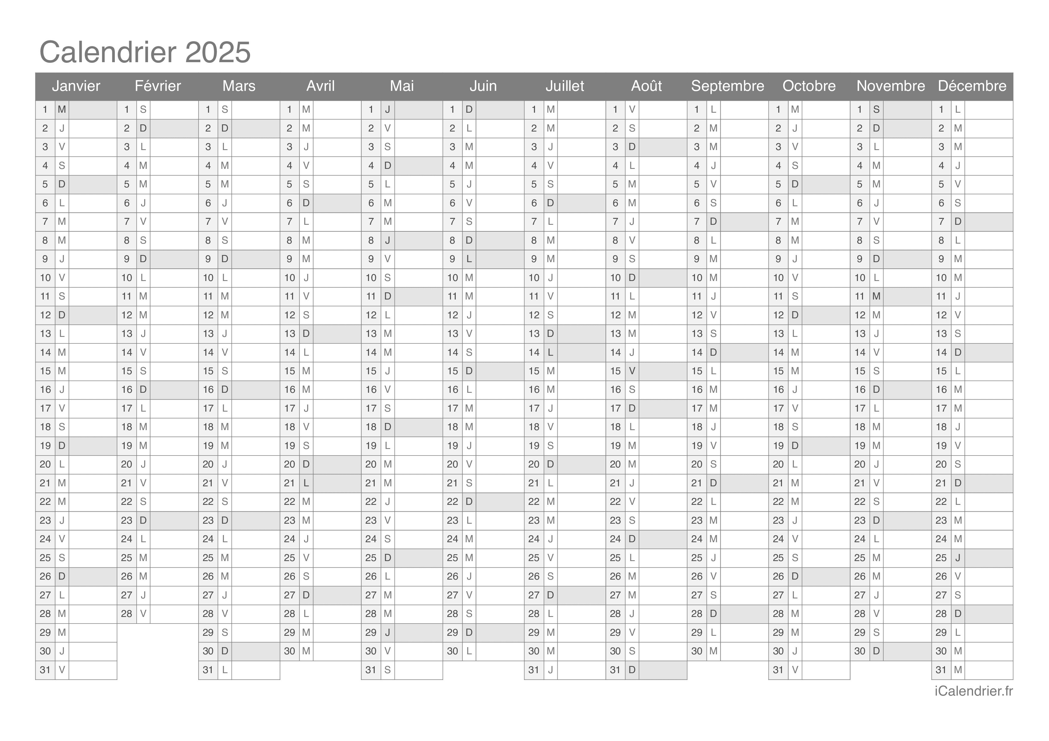 Calendrier 2025 à imprimer PDF et Excel