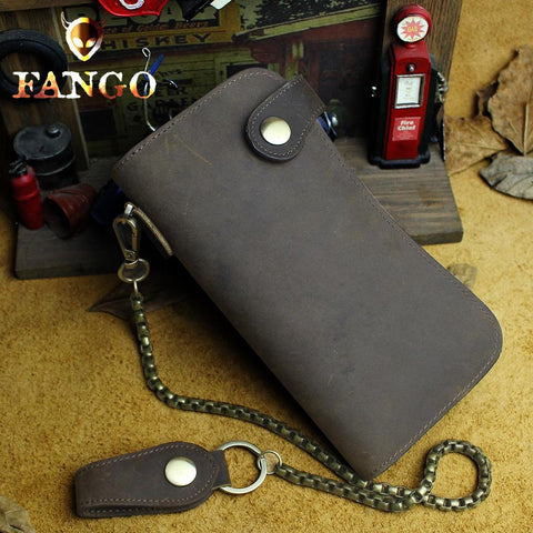 Handmade Genuine Leather Long Biker Wallet Mens Cool Chain Wallet Trucker Wallet with Chain