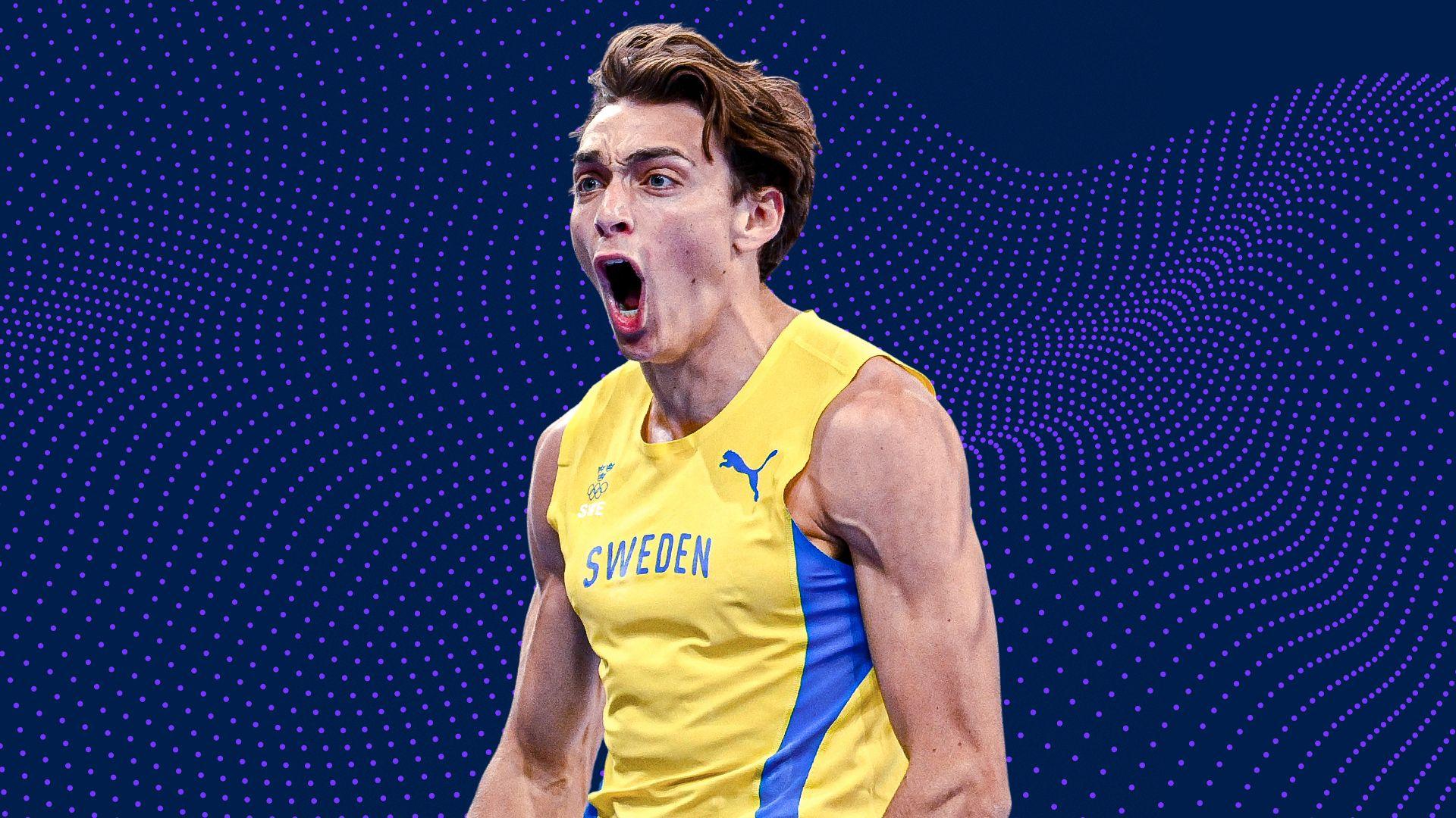 Armand Duplantis celebrates a successful vault