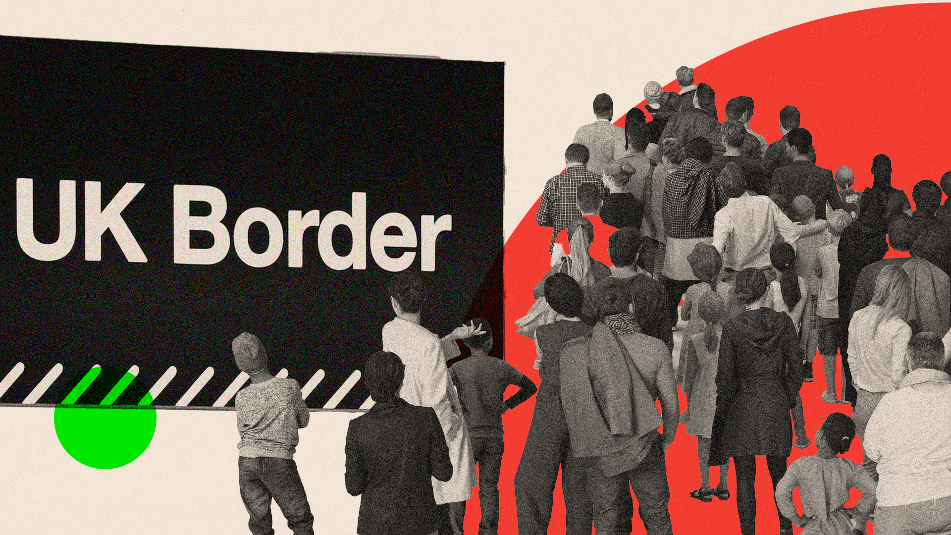 Montage image: Treated image showing a UK Border sign and queues of people