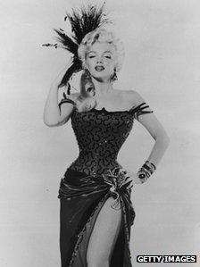 Marilyn Monroe in costume as dance hall girl in 1954