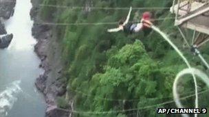 Erin Langworthy bungee jumps over the Zambezi River - the rope snapped and she fell into the crocodile-infested waters