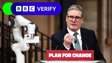 Sir Keir Starmer speaking at the launch of the AI plan. He is wearing a dark suit with a tie and is speaking behind a lectern with Plan For change written on it. 