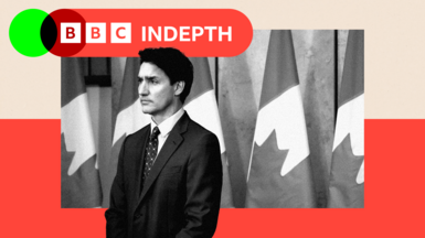 Montage image with Justin Trudeau in front of Canadian flags