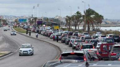 A highway packed with cars towards south Lebanon