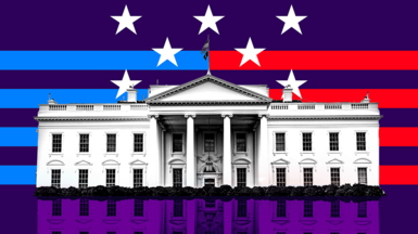 A stylised image of the White House against red and blue stripes with white stars superimposed