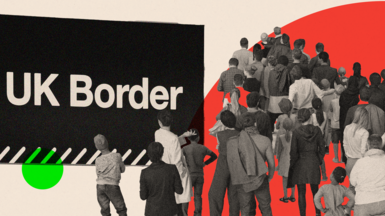 Montage image: Treated image showing a UK Border sign and queues of people