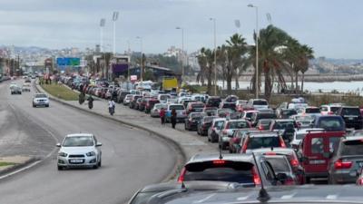 A highway packed with cars towards south Lebanon