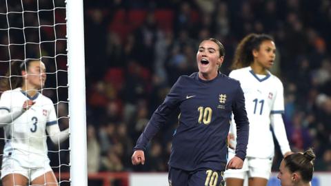 Grace Clinton celebrates scoring against Switzerland