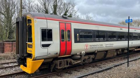 The side of a grey and red Transport for Wales train which is stopped on the racks at Shrewsbury Railway Station. There are trees in the background, and the clouds in the sky are grey.