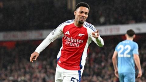 Ethan Nwaneri celebrates scoring for Arsenal against Nottingham Forest