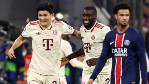 Kim Mae-jin celebrates scoring for Bayern Munich against Paris St-Germain in the Champions League