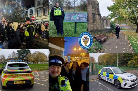 A collage of police activity in Wolverhampton in November showing officers attending Christmas lights celebrations and patrol cars parked near open spaces.