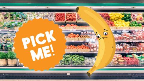 An illustration of a sad banana sits in front of a supermarket shelf filled with fruit and vvegetables. There is also a sign saying 'pick me'