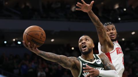 Damian Lillard in action for the Milwaukee Bucks against the Houston Rockets