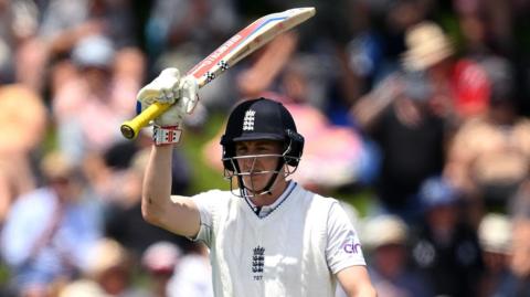 England's Harry Brook acknowledges the crowd during his century in the second Test against New Zealand in Wellington