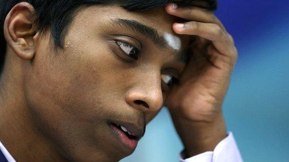 Rameshbabu Praggnanandhaa of India competes against Magnus Carlsen of Norway in Round 12 of the Masters Tata Steel Chess Tournament 2023 on January 28, 2023 i