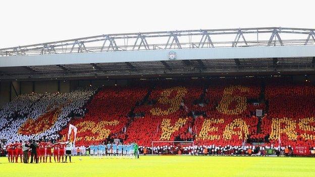 The Kop at Anfield showing a mosaic paying tribute to the 96 Liverpool supporters who died as a result of the Hillsborough disaster in 1989