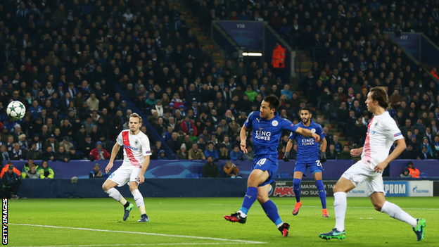 Shinji Okazaki celebrates scoring for Leicester City against Club Brugge