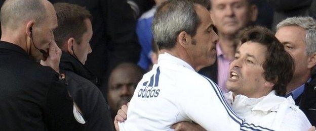 Rui Faria is restrained by Jose Mourinho