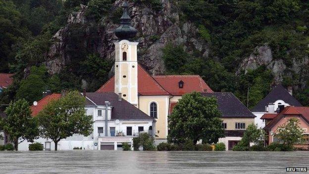 Flooded village of Marbach, Austria