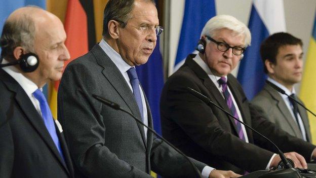 French Foreign Minister Laurent Fabius, Russian Foreign Minister Sergei Lavrov, German Foreign Minister Frank-Walter Steinmeier and Ukrainian Foreign Minister Pavlo Klimkin at a press conference in Berlin on 2 July 2014.