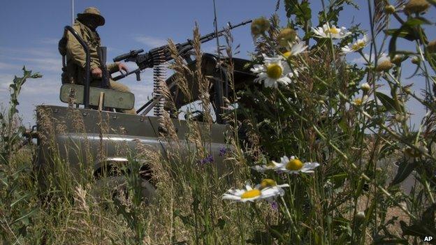 A pro-Russian fighter patrols near Luhansk, eastern Ukraine on 2 July 2014.