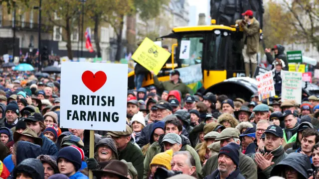 Farmers take part in a demonstration protesting against the Labour government's new agricultural policy. Large crowds gather near Number 10 Downing Street holding placards