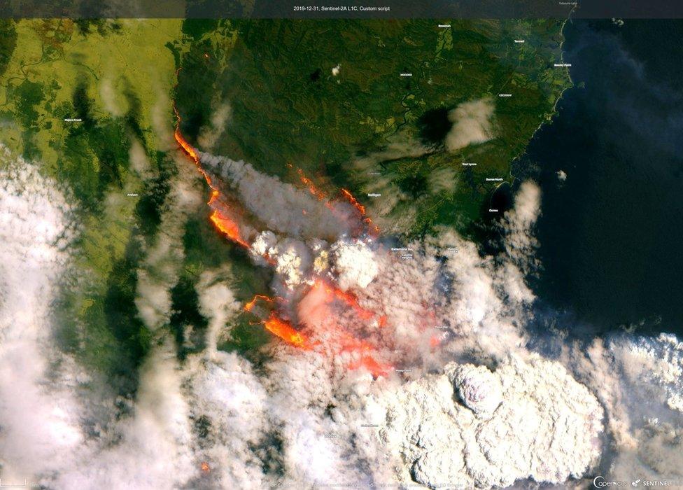 A satellite image of Batemans Bay showing bushfires