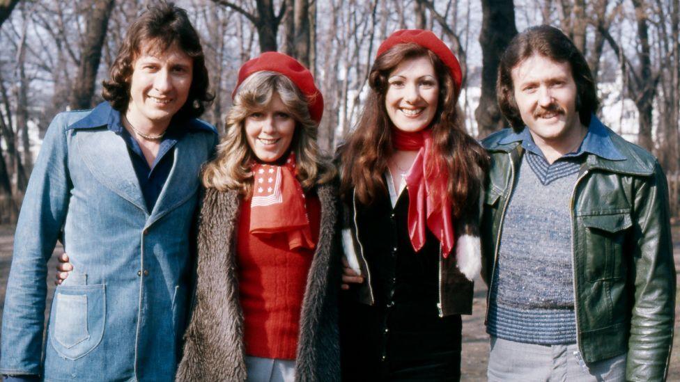 Brotherhood of Man members Lee Sheridan, Sandra Stevens, Nicky Stevens, and Martin Lee, circa 1976