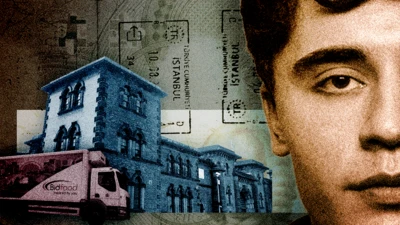 A stylised image showing half of Daniel Khalife's mugshot alongside passport stamps from Istanbul, the exterior of HMP Wandsworth, and a food delivery truck of the type under which Khalife made his escape from prison.