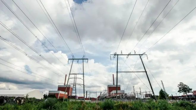 High voltage power lines at Olkiluoto nuclear plant in Finland