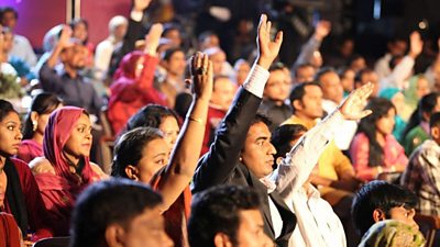 Audience members ask questions during an edition of BBC Bangladesh Sanglap.