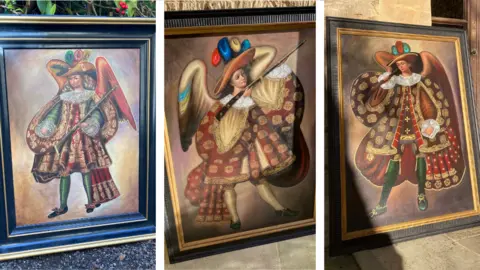 Three paintings of angels wearing the clothes and weapons of Baroque musketeers