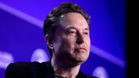 Elon Musk stares into the distance as his face is lit on stage, with a screen behind him, at a conference