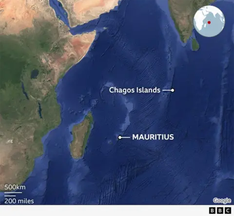 A map shows the location of the Chagos Islands in the Indian Ocean. South west of the islands is the island of Mauritius, with some on Africa shown to the west.