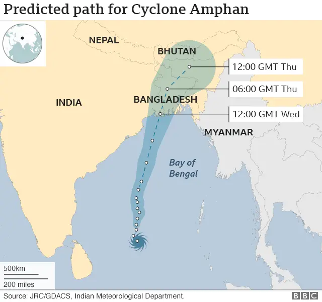 Predicted path of Cyclone Amphan