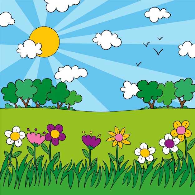 Hermoso paisaje de primavera dibujado a mano | Vector Gratis