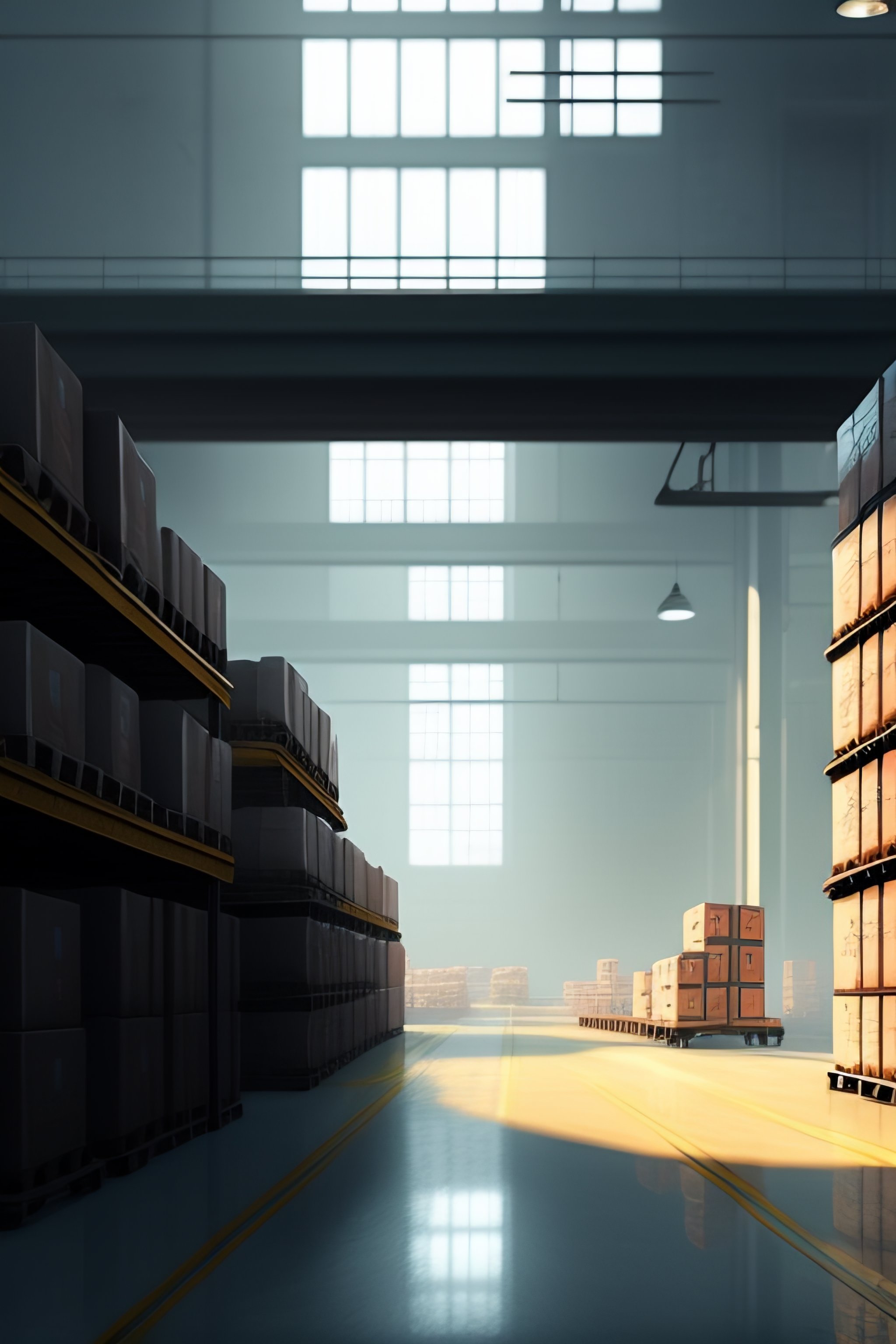 Lexica - Interior of a warehouse filled with boxes, watercolored, jakub ...