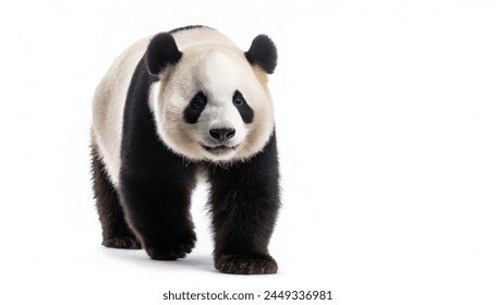 adult giant panda - Ailuropoda melanoleuca - is a bear species endemic to China, black and white colors isolated cutout on white background walking towards camera